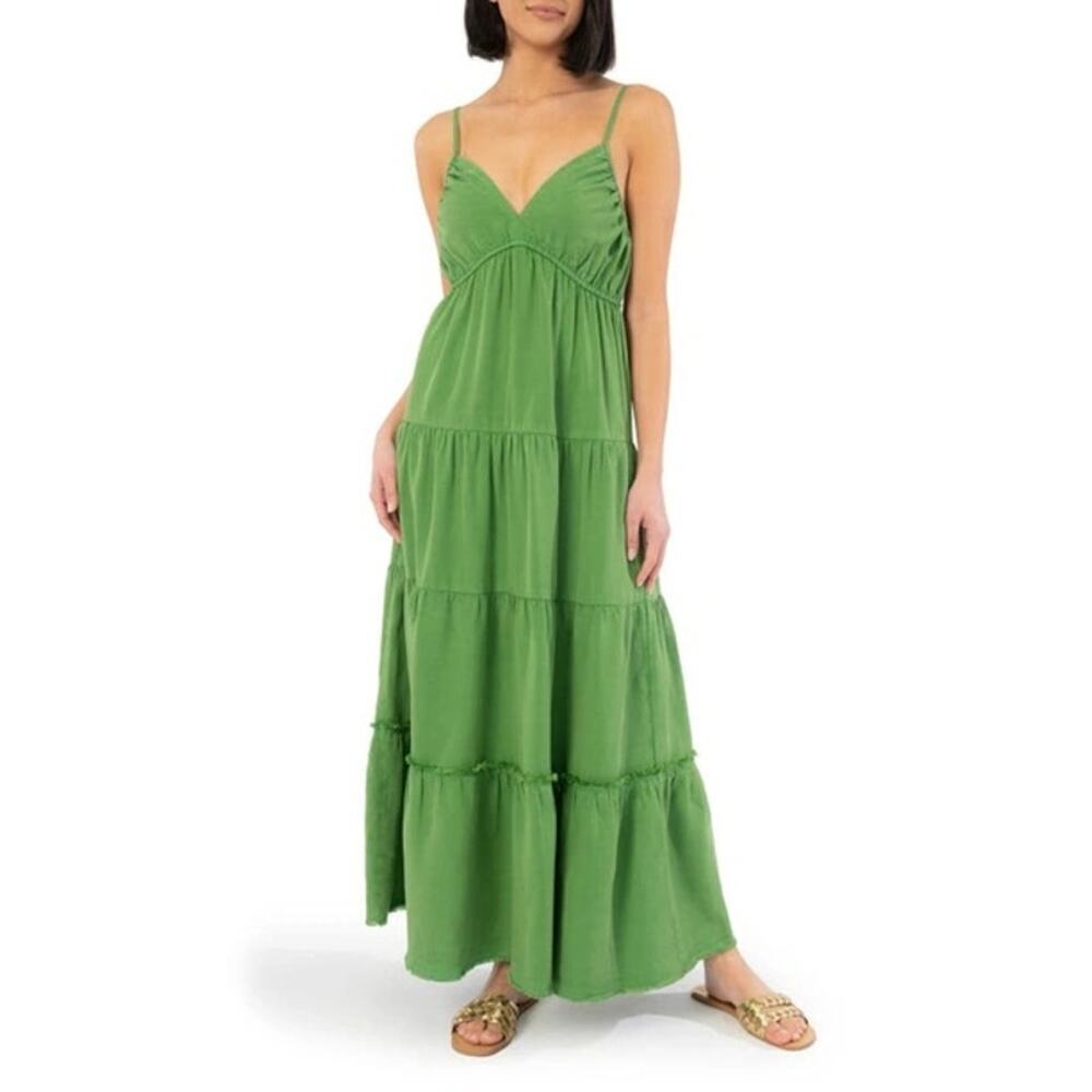 KUT FROM THE KLOTH Women's Green V-Neck Thea Tiered Ruffle Maxi Dress Size XL